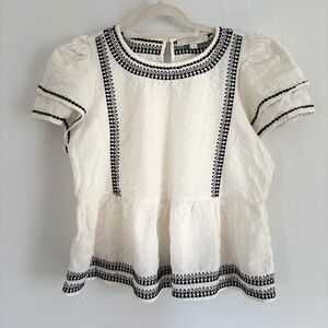 LOFT White Peplum Top with Black Embroidered Trim
